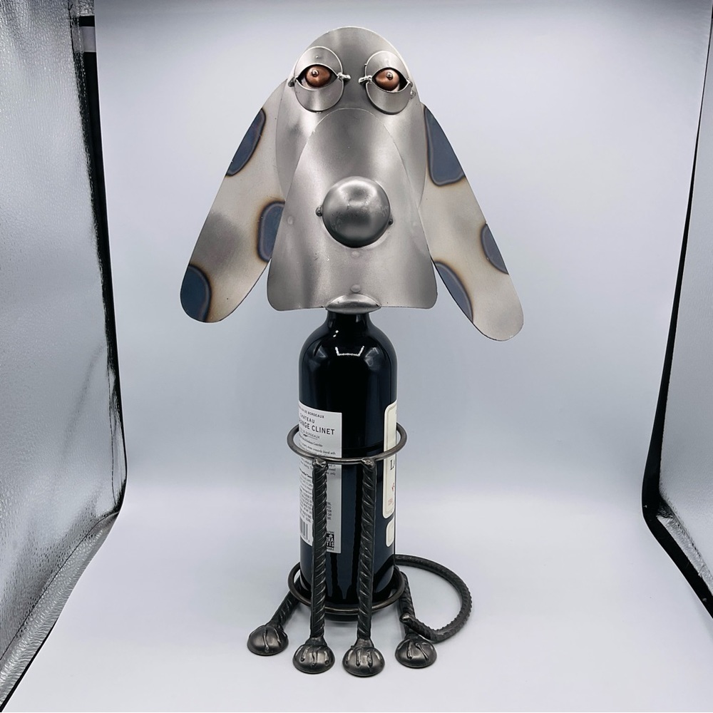 Wine Bottle Holder Display Welded Metal Art Sculpture Puppy Dog Napa Valley VTG
